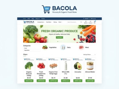 Bacola is a modern Grocery Store WooCommerce WordPress Theme for online grocery stores, supermarkets, organic food shops, food delivery websites, fresh food stores, and eCommerce marketplaces.